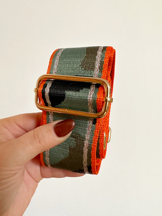 Amber Bag Strap - Neon Orange Stripe & Camouflage