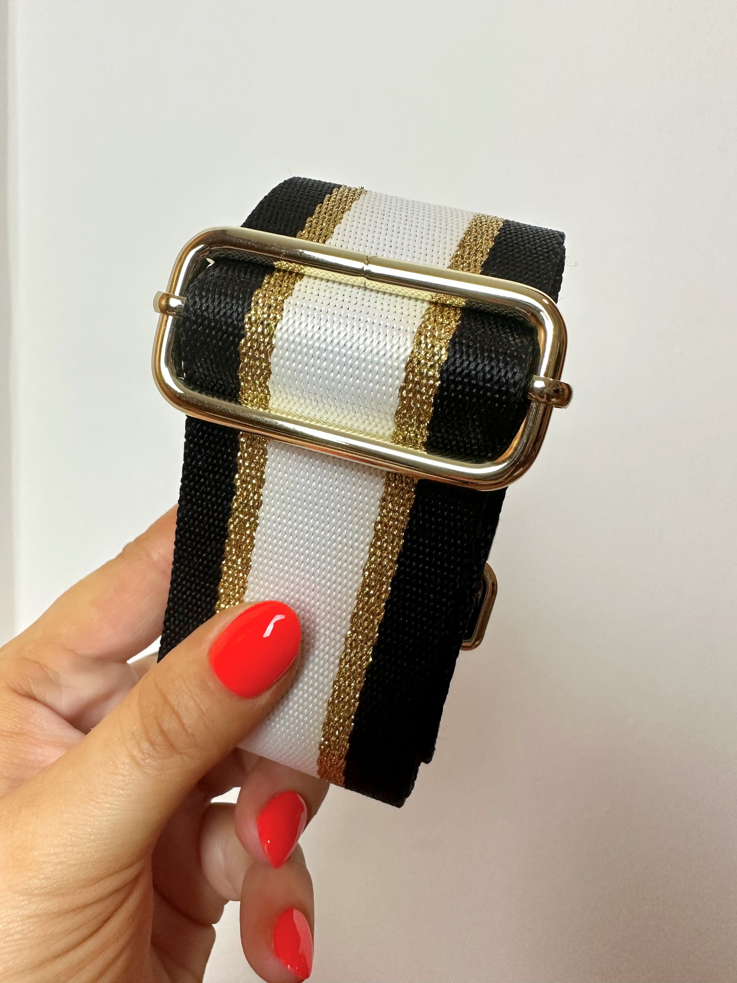 Amber Bag Strap - Black, Gold & White Stripe