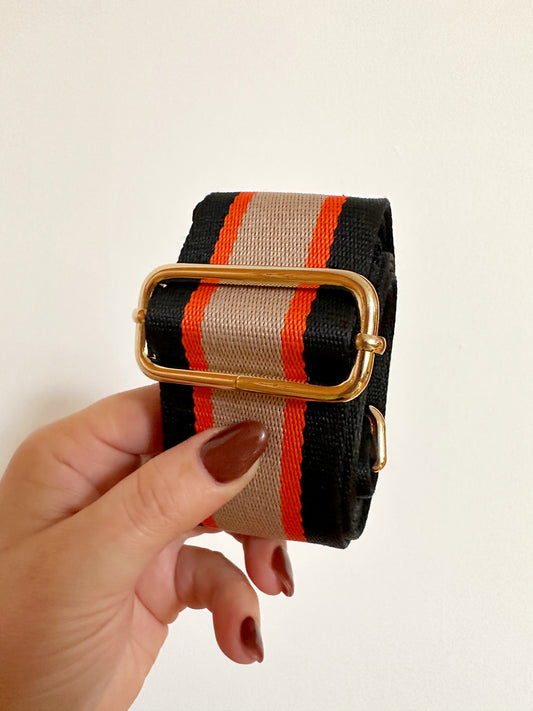 Amber Bag Strap - Black, Orange & Tan Stripe